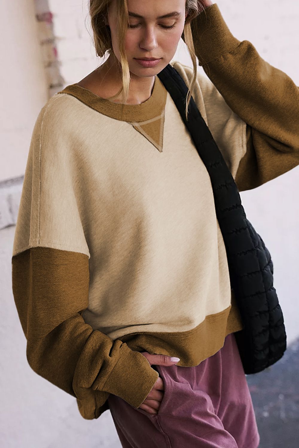 Color Block Round Neck Long Sleeve Sweatshirt