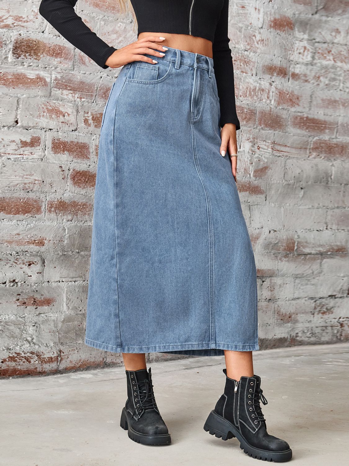 Slit High Waist Denim Skirt with Pockets