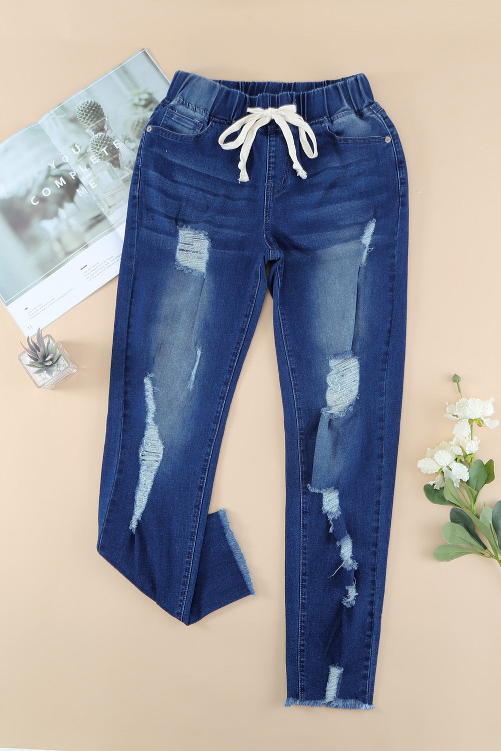 Drawstring Distressed Raw Hem Jeans with Pockets