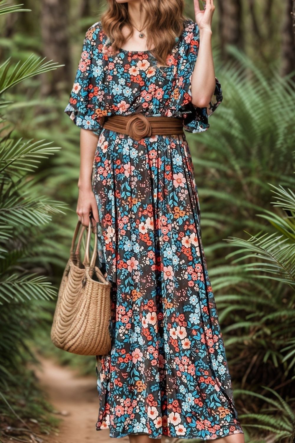 Tied Printed Round Neck Half Sleeve Dress