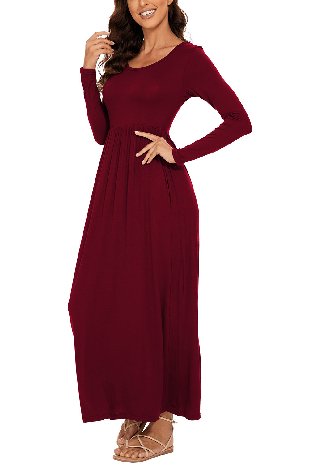 Round Neck Long Sleeve Pocketed Maxi Dress