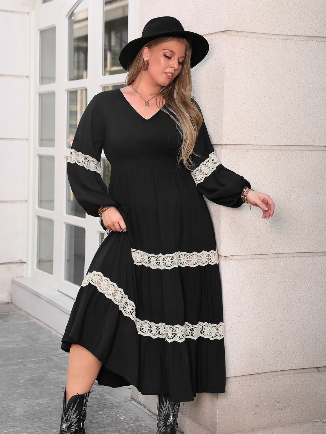 Plus Size Lace Detail V-Neck Long Sleeve Midi Dress