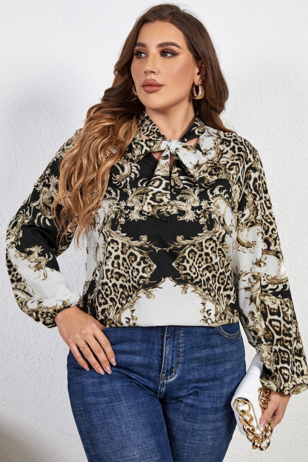 Honey Melo Apparel Plus Size Printed Tie Neck Long Sleeve Blouse