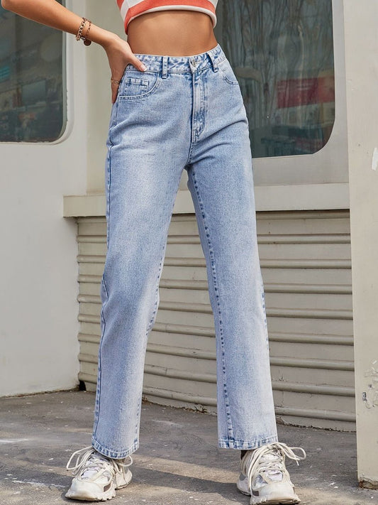 High Waist Straight Jeans with Pockets