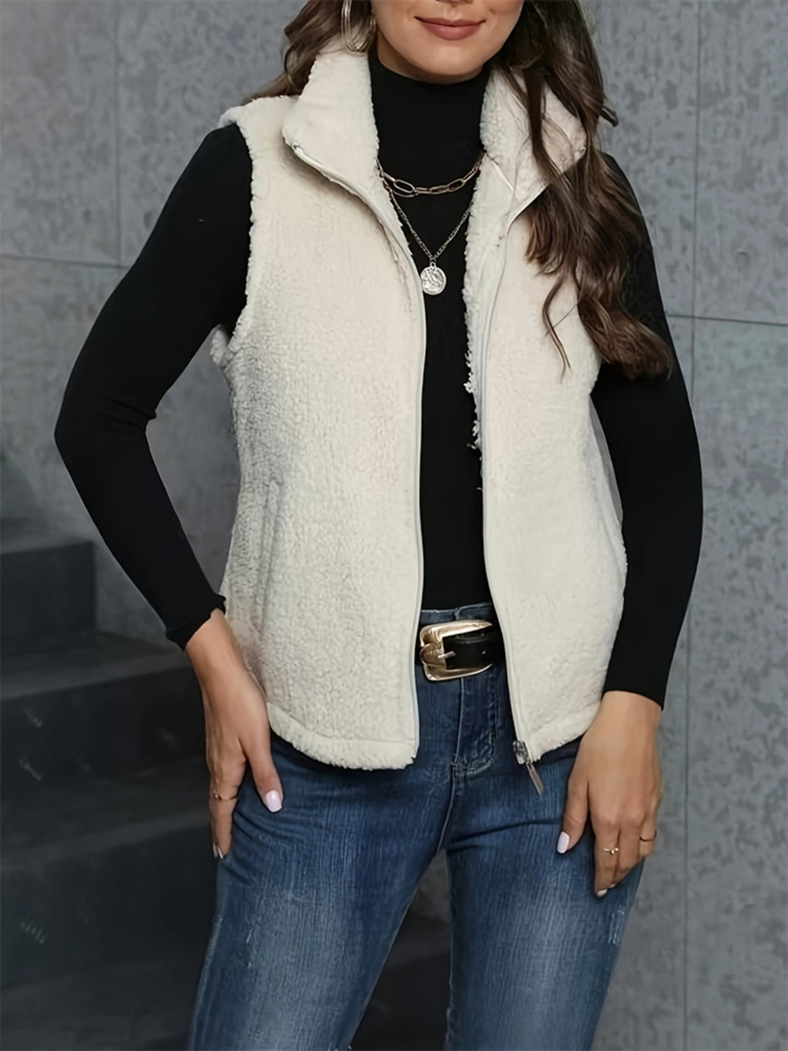 Zip Up Turtleneck Sherpa Vest Coat with Pockets