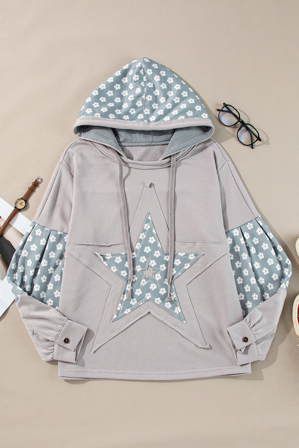 Floral Patchwork Star Pattern Drawstring Hoodie