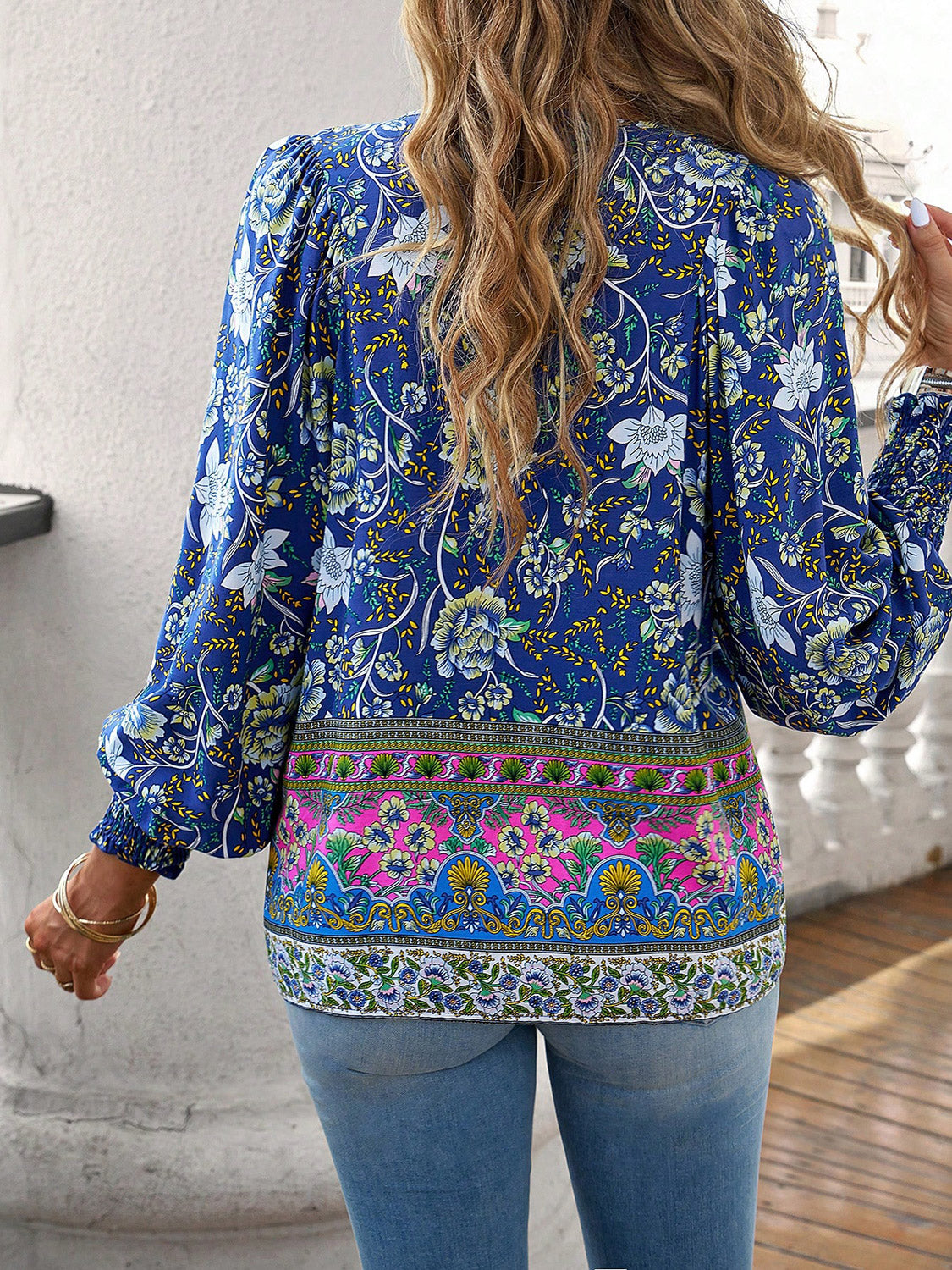 Devine Bohemian Tie Neck Lantern Sleeve Blouse