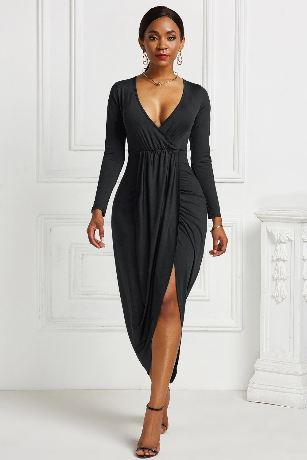 High-low Ruched Surplice Long Sleeve Dress