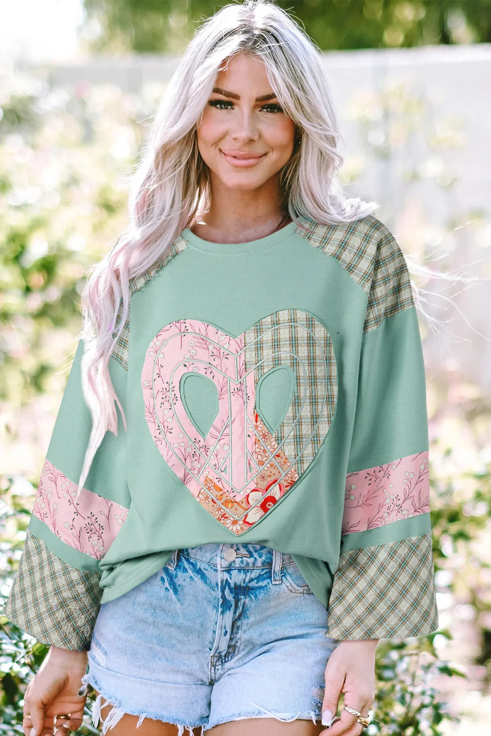 Heart Plaid Round Neck Long Sleeve Blouse