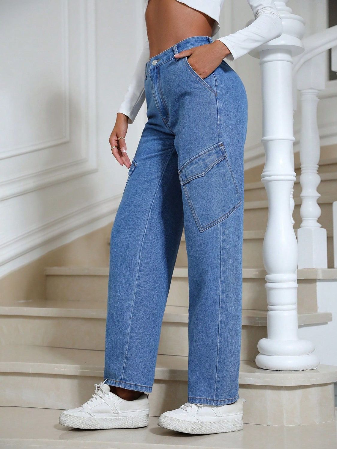 High Waist Straight Leg Jeans with Pockets