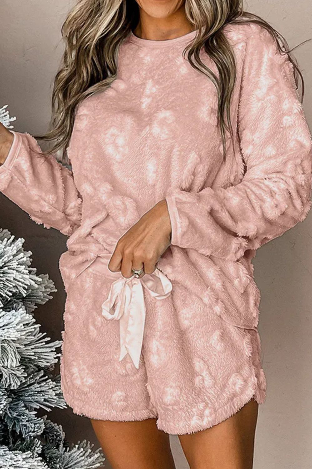 Round Neck Long Sleeve Top and Shorts Lounge Set