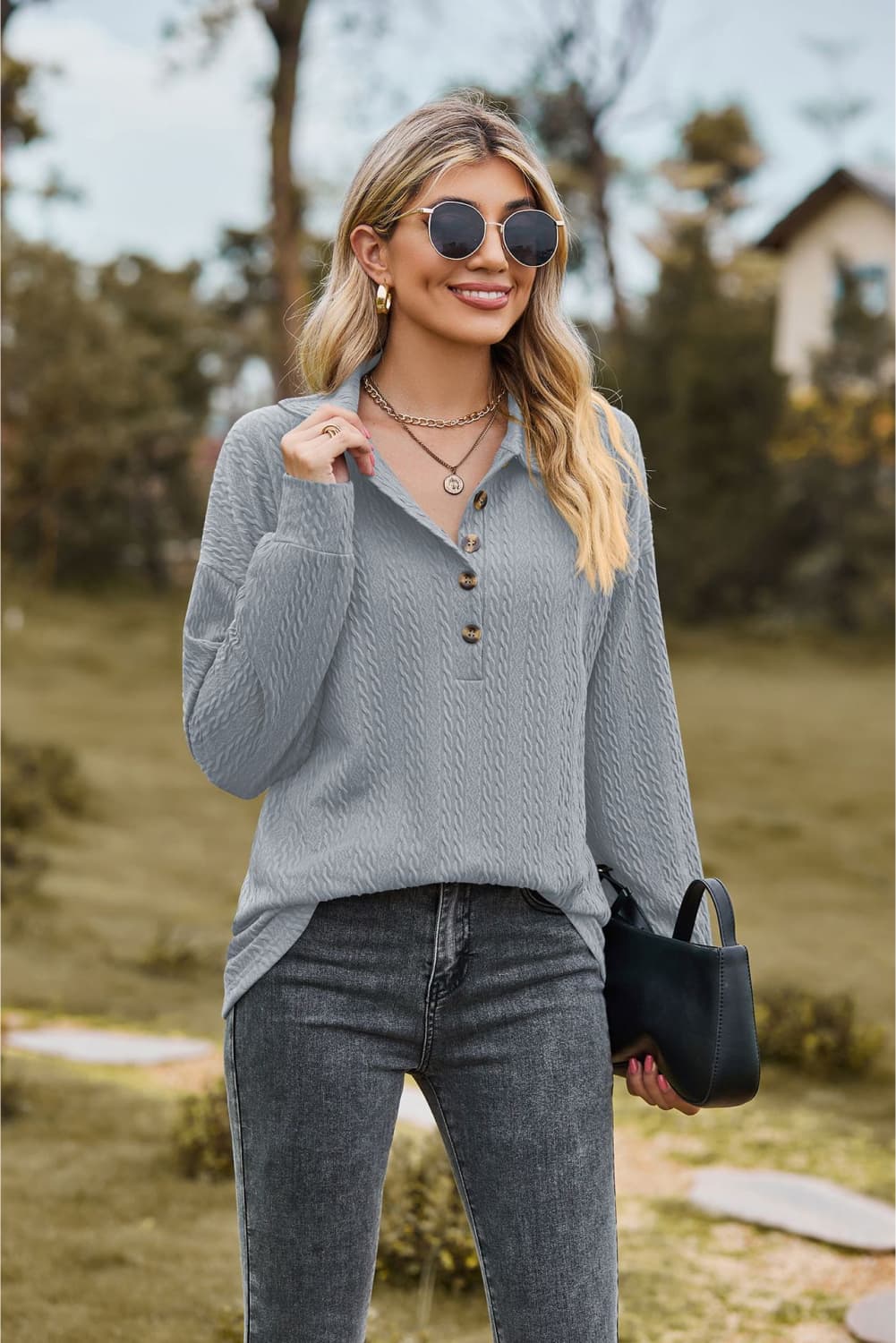 Collared Neck Long Sleeve Blouse