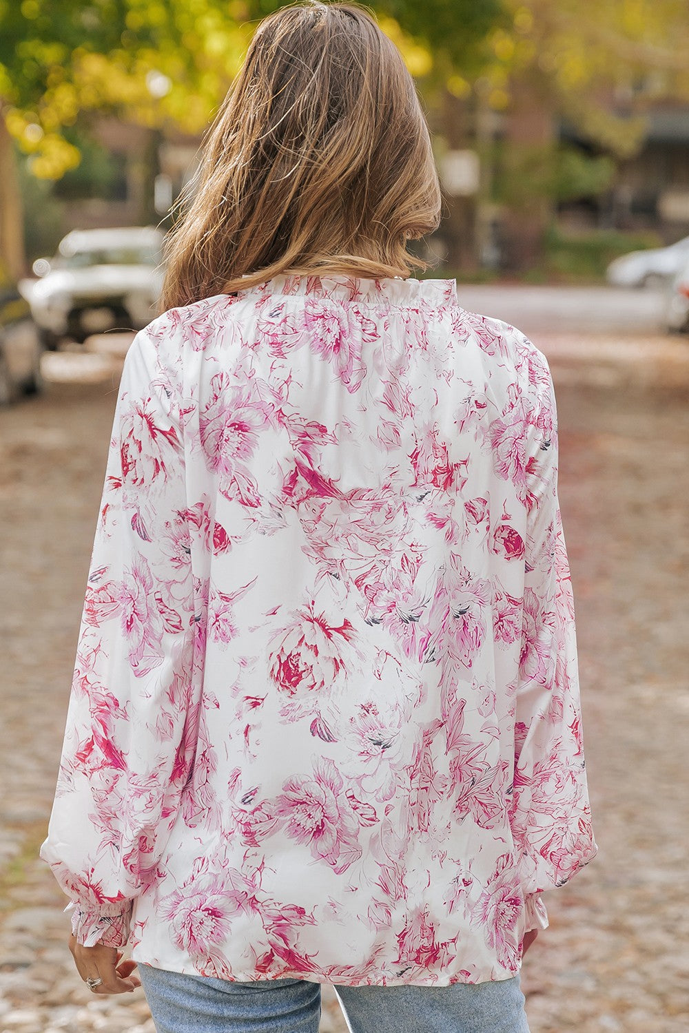 Floral Tie Neck Flounce Sleeve Blouse