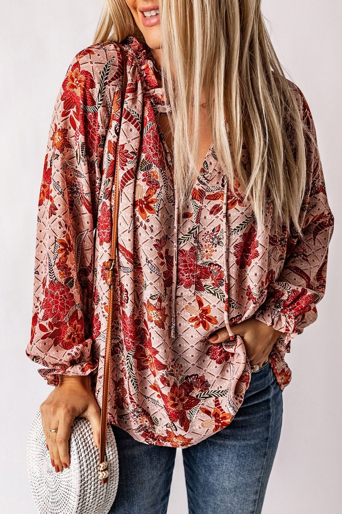 Floral Tie Neck Flounce Sleeve Blouse