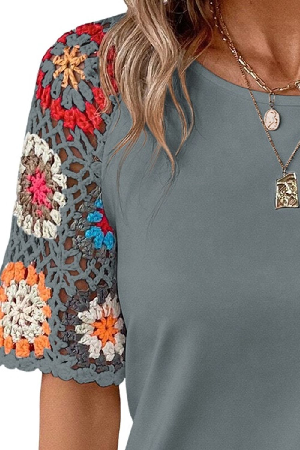 Geometric Round Neck Short Sleeve Blouse