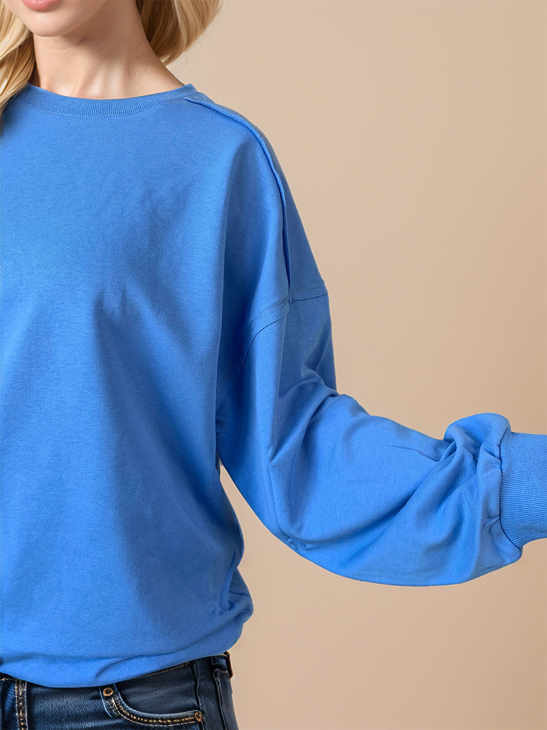 Exposed Seam Round Neck Long Sleeve Sweatshirt