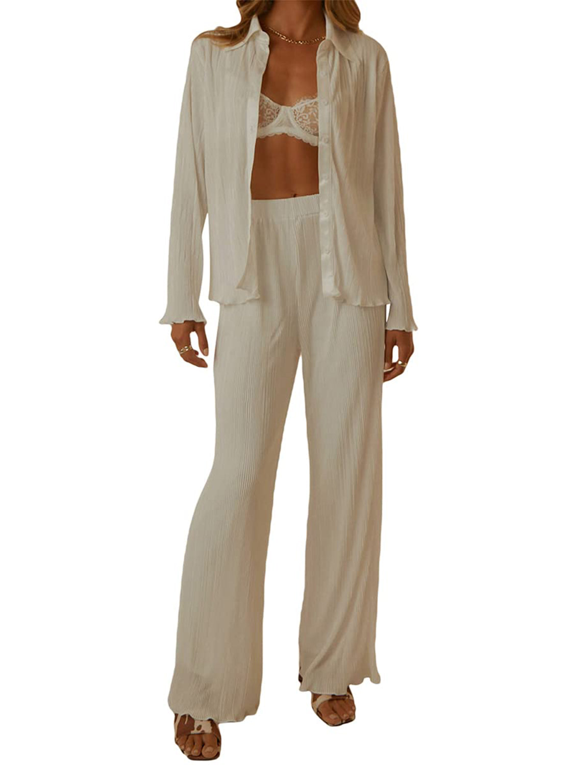 Collared Neck Long Sleeve Top and Pants Lounge Set