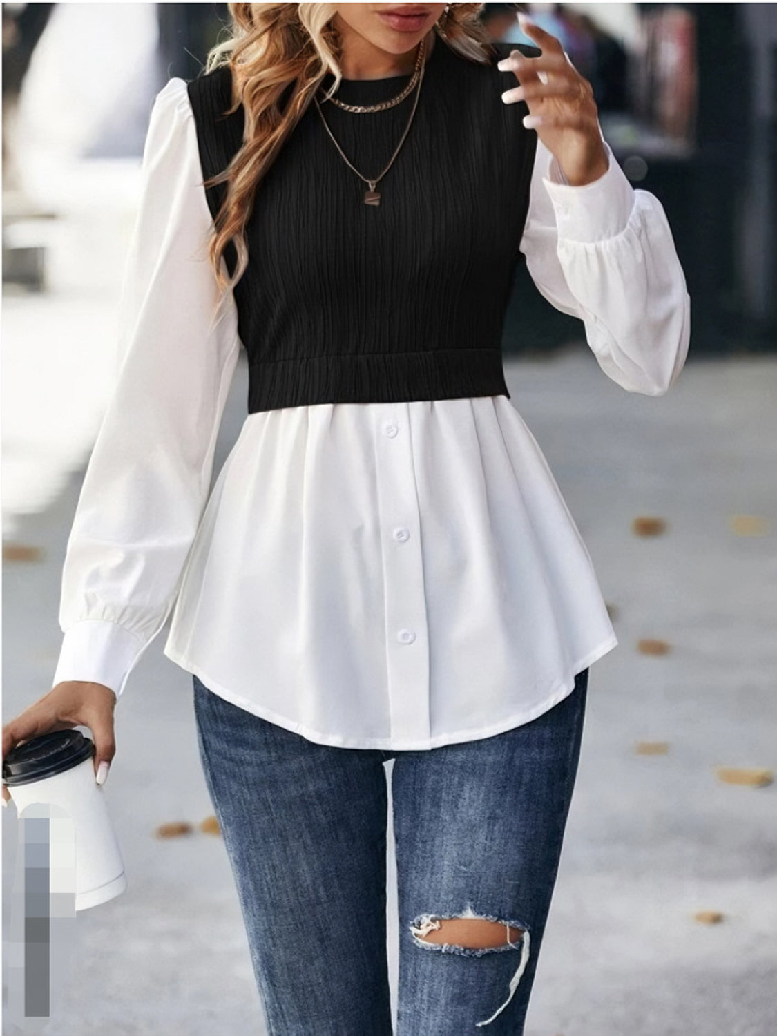 Contrast Round Neck Puff Sleeve Blouse