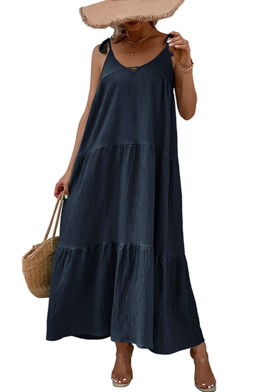 Perfee Tie-Shoulder Tiered Maxi Dress