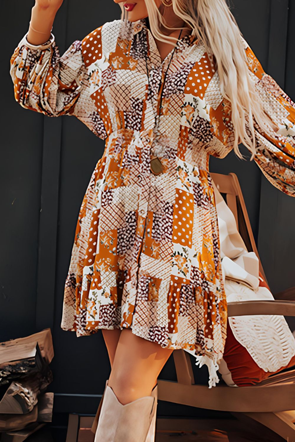 Printed Collared Neck Three-Quarter Sleeve Mini Shirt Dress