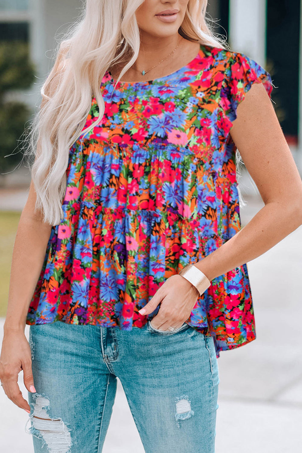 Floral Round Neck Frill Trim Blouse