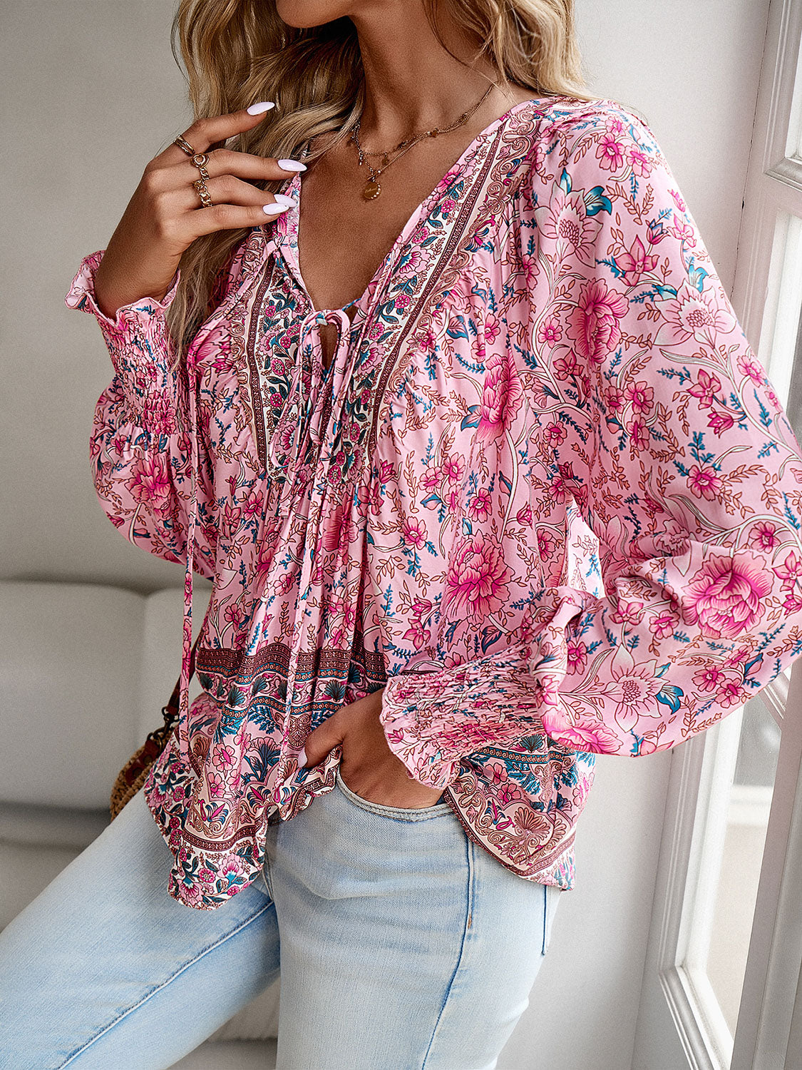 Devine Bohemian Tie Neck Lantern Sleeve Blouse