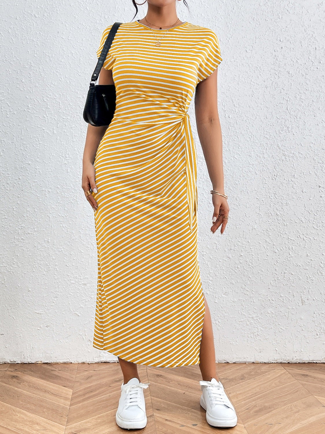 Honey Tied Striped Round Neck Short Sleeve Tee Dress