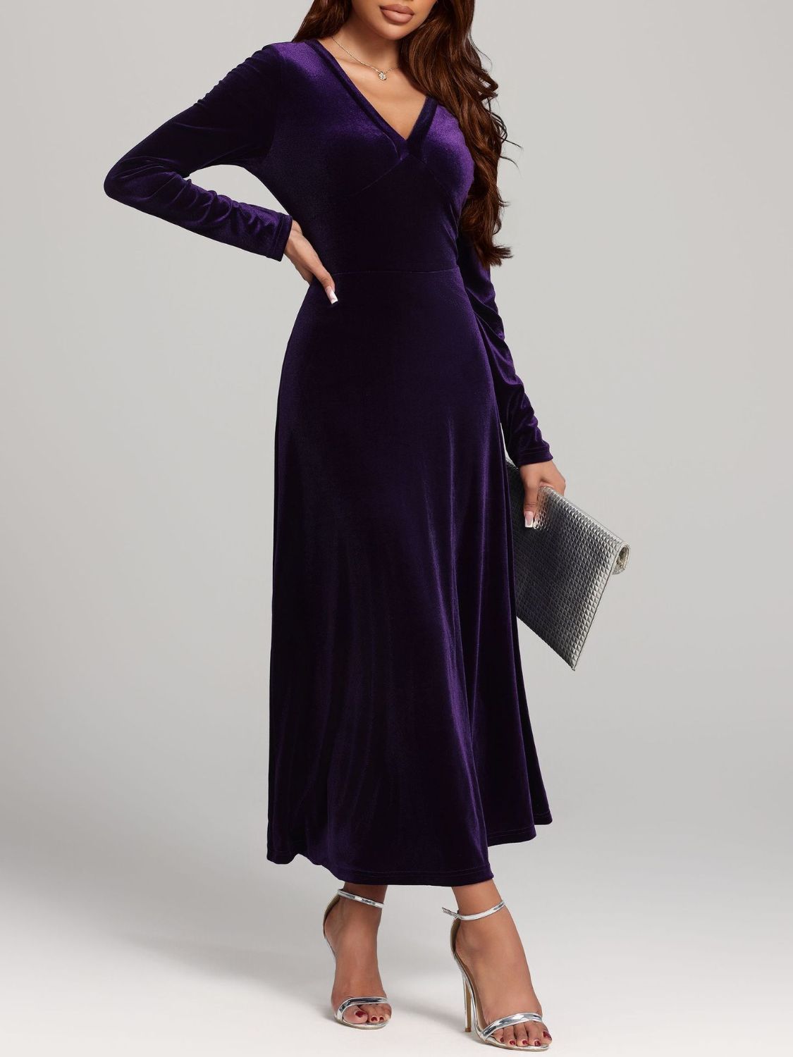 V-Neck Long Sleeve Velvet Dress