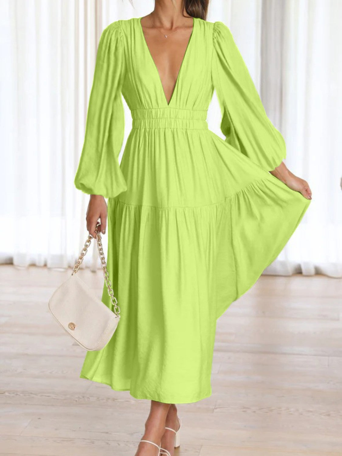 Deep V-Neck Balloon Sleeve Plain Maxi Dress