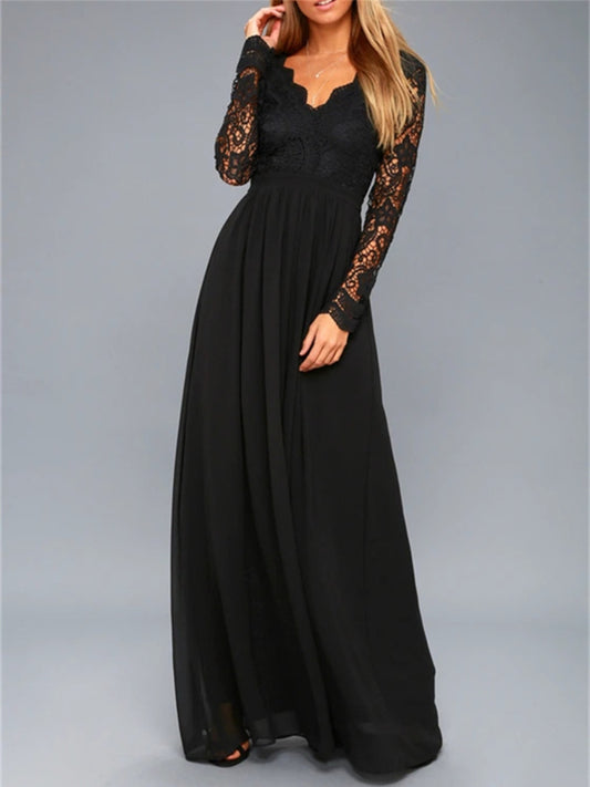 Lace Detail Backless Long Sleeve Maxi Dress