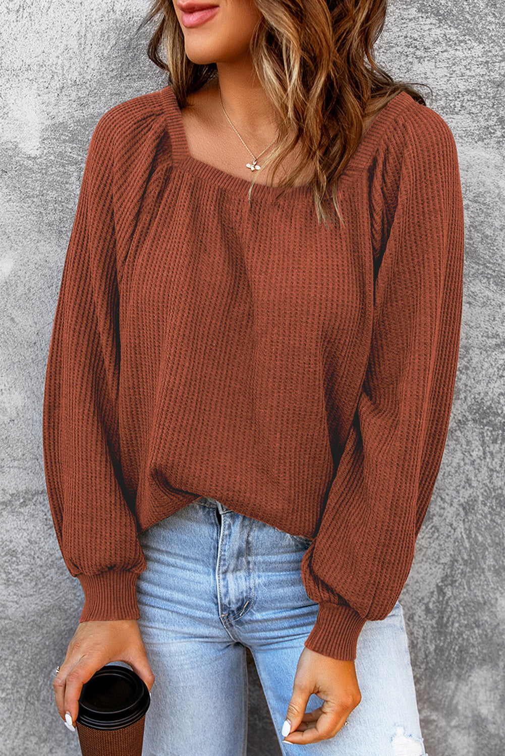 Square Neck Waffle-Knit Top