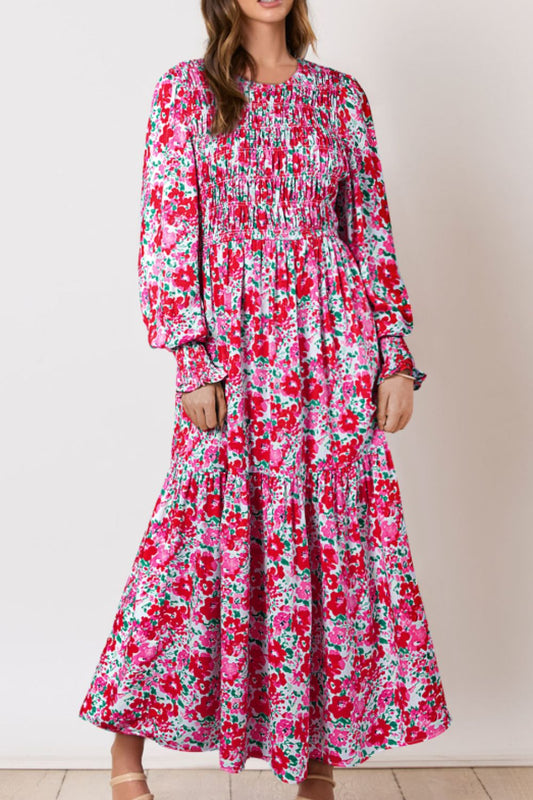 Printed Round Neck Lantern Sleeve Maxi Dress