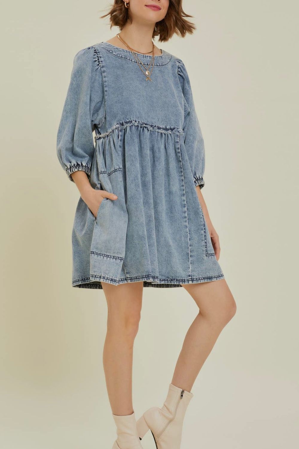 Cutout Round Neck Balloon Sleeve Denim Dress