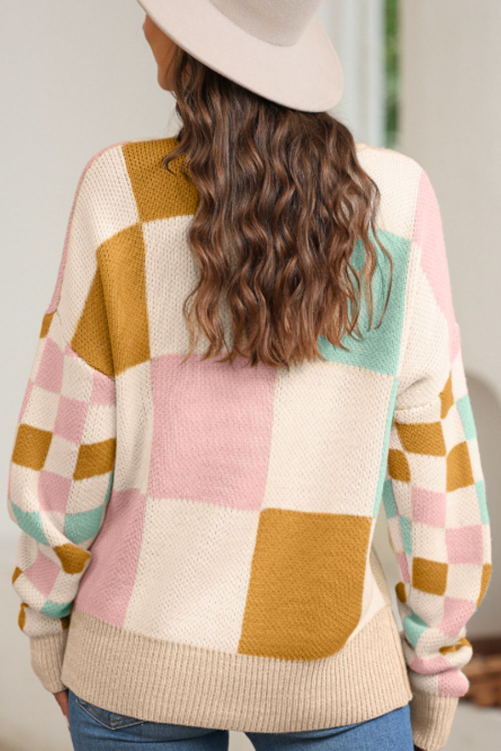 Checkered Round Neck Drop Shoulder Sweater