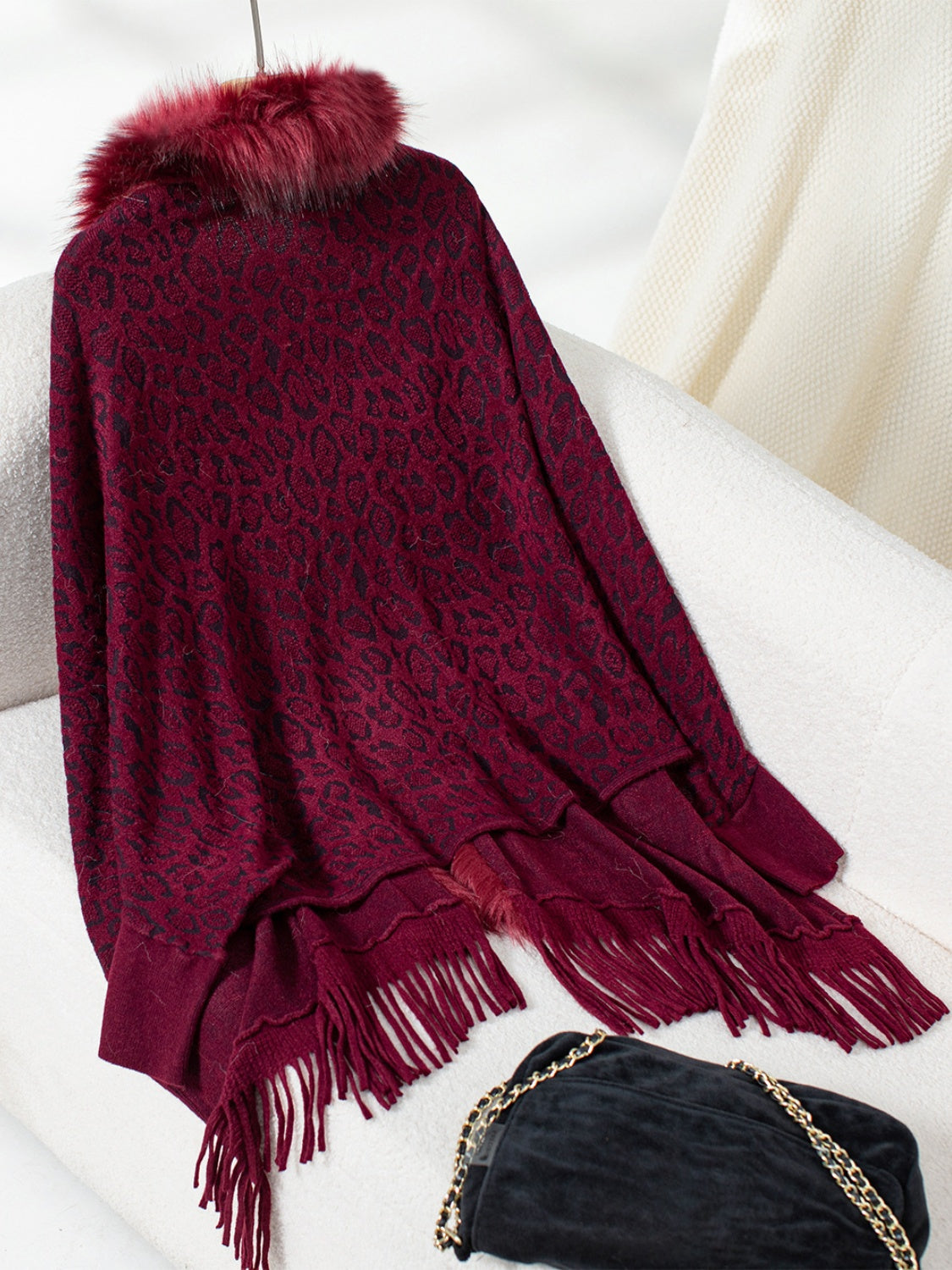 Fringe Leopard Open Front Long Sleeve Poncho