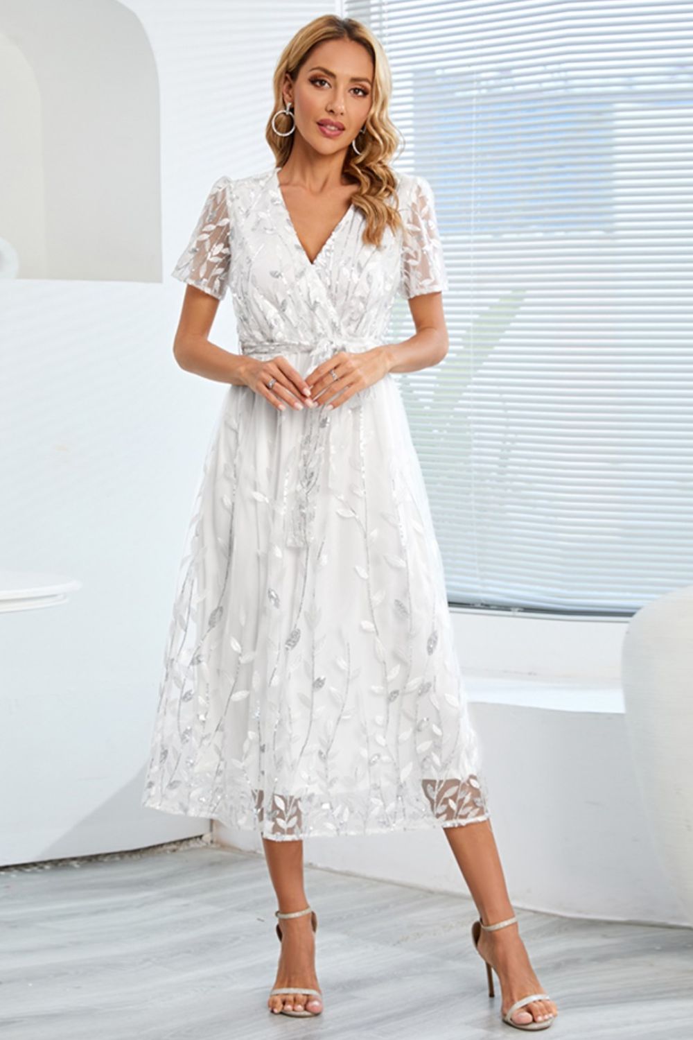 Sequin Leaf Embroidery Tie Front Short Sleeve Dress