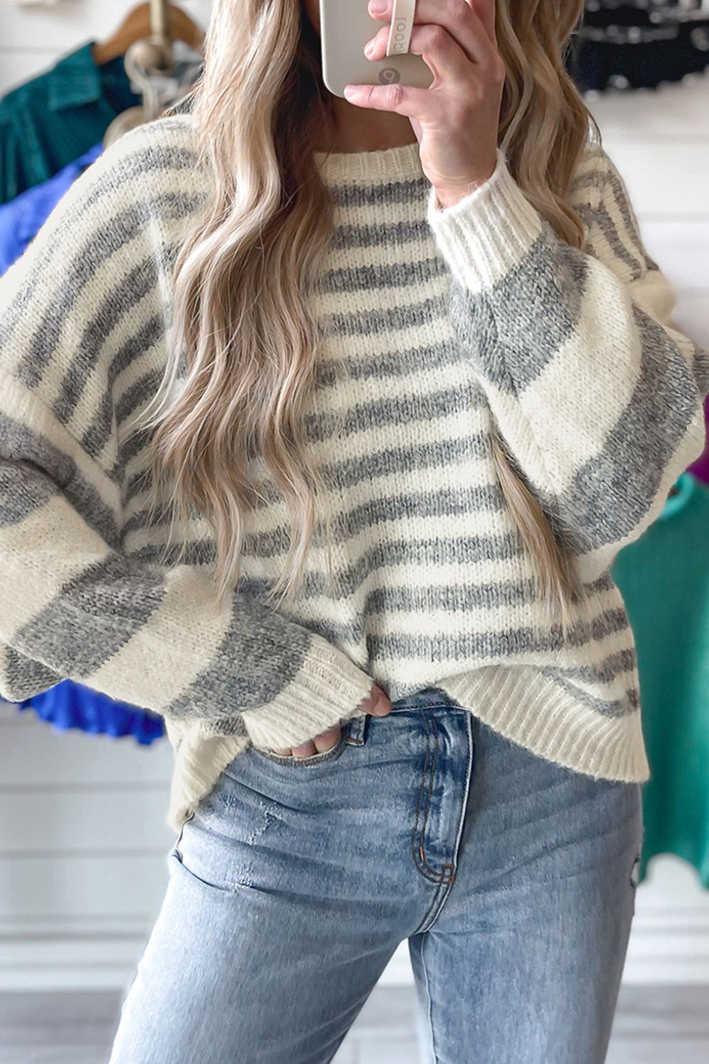 Striped Round Neck Dropped Shoulder Sweater