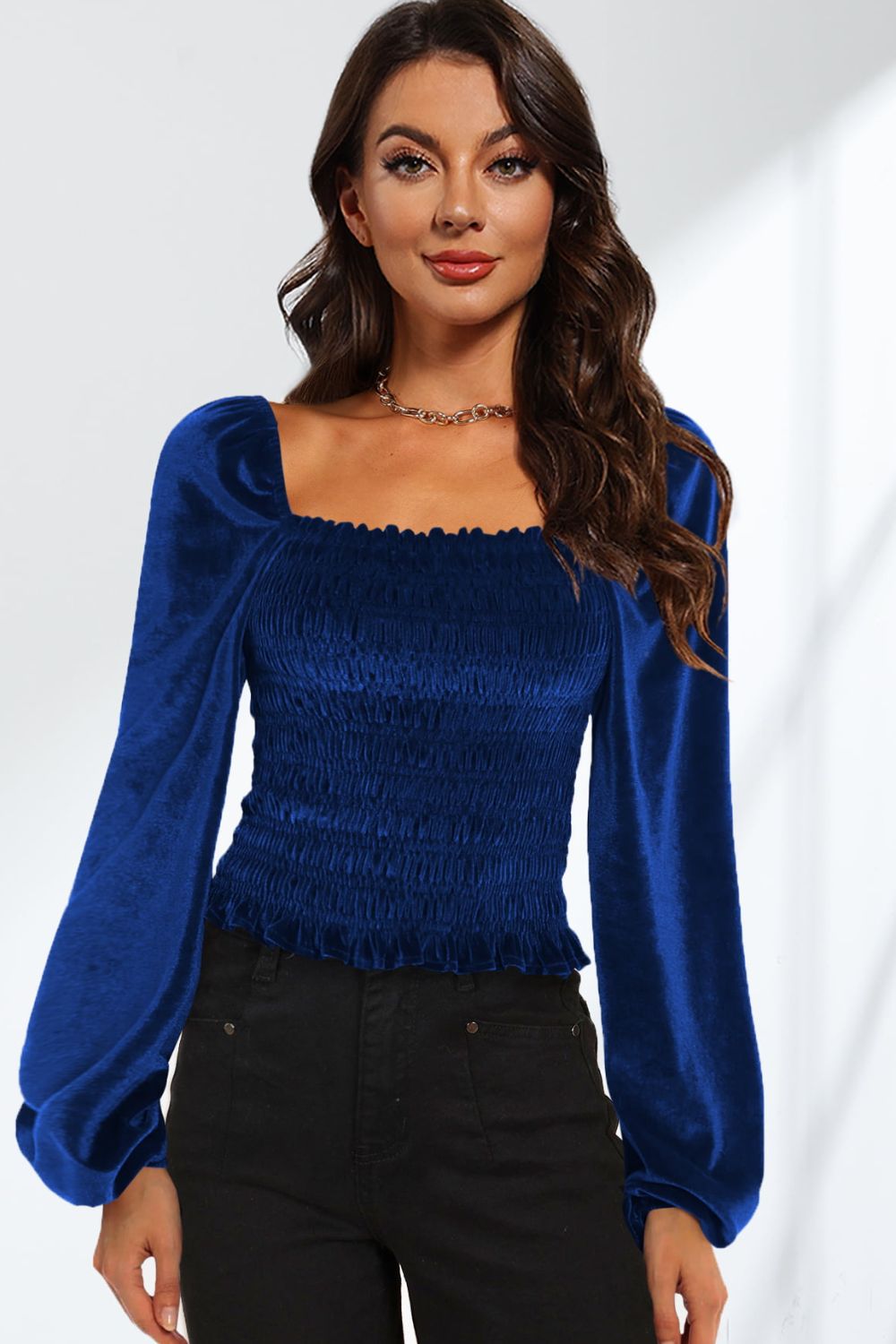 Smocked Square Neck Long Sleeve Blouse