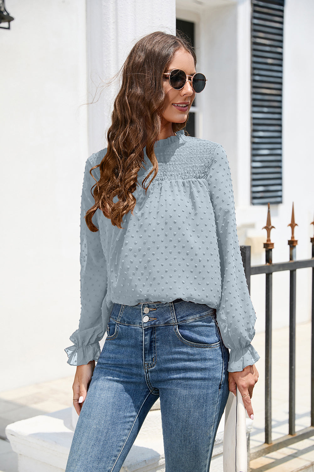 Smocked Mock Neck Swiss Dot Top