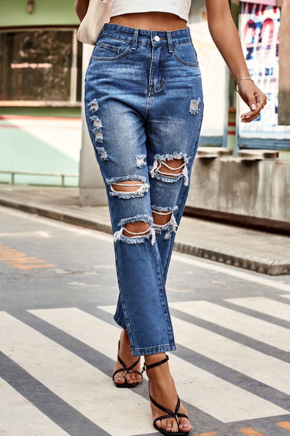 Distressed High Waist Straight Jeans