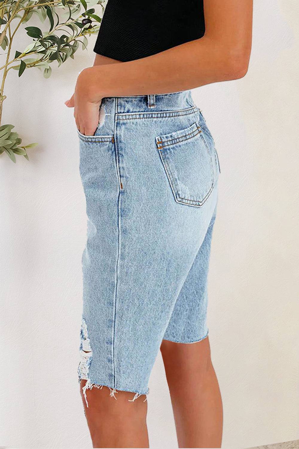 Distressed Pocketed Denim Shorts