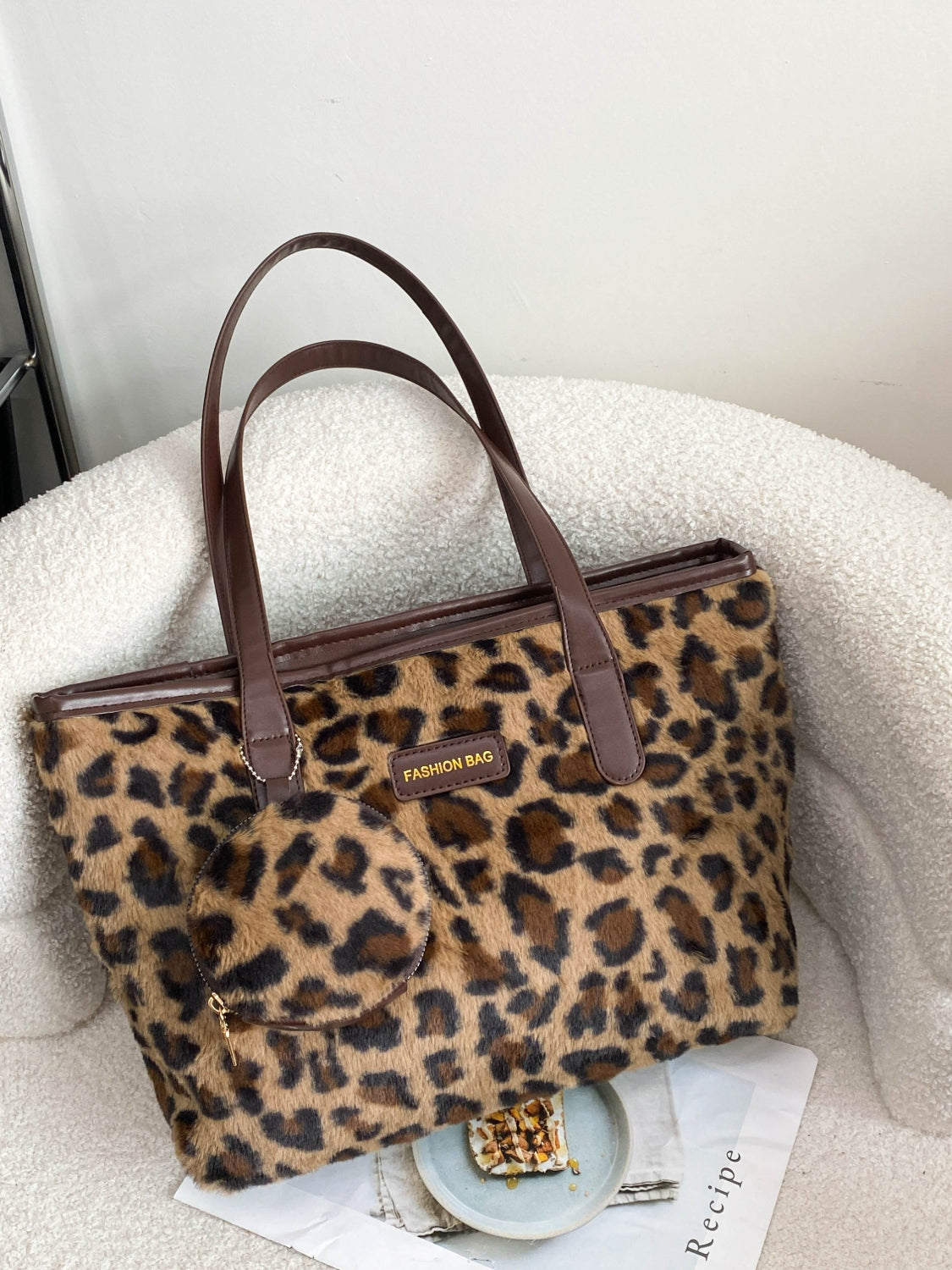 Leopard Faux Fur Tote Bag with Coin Purse