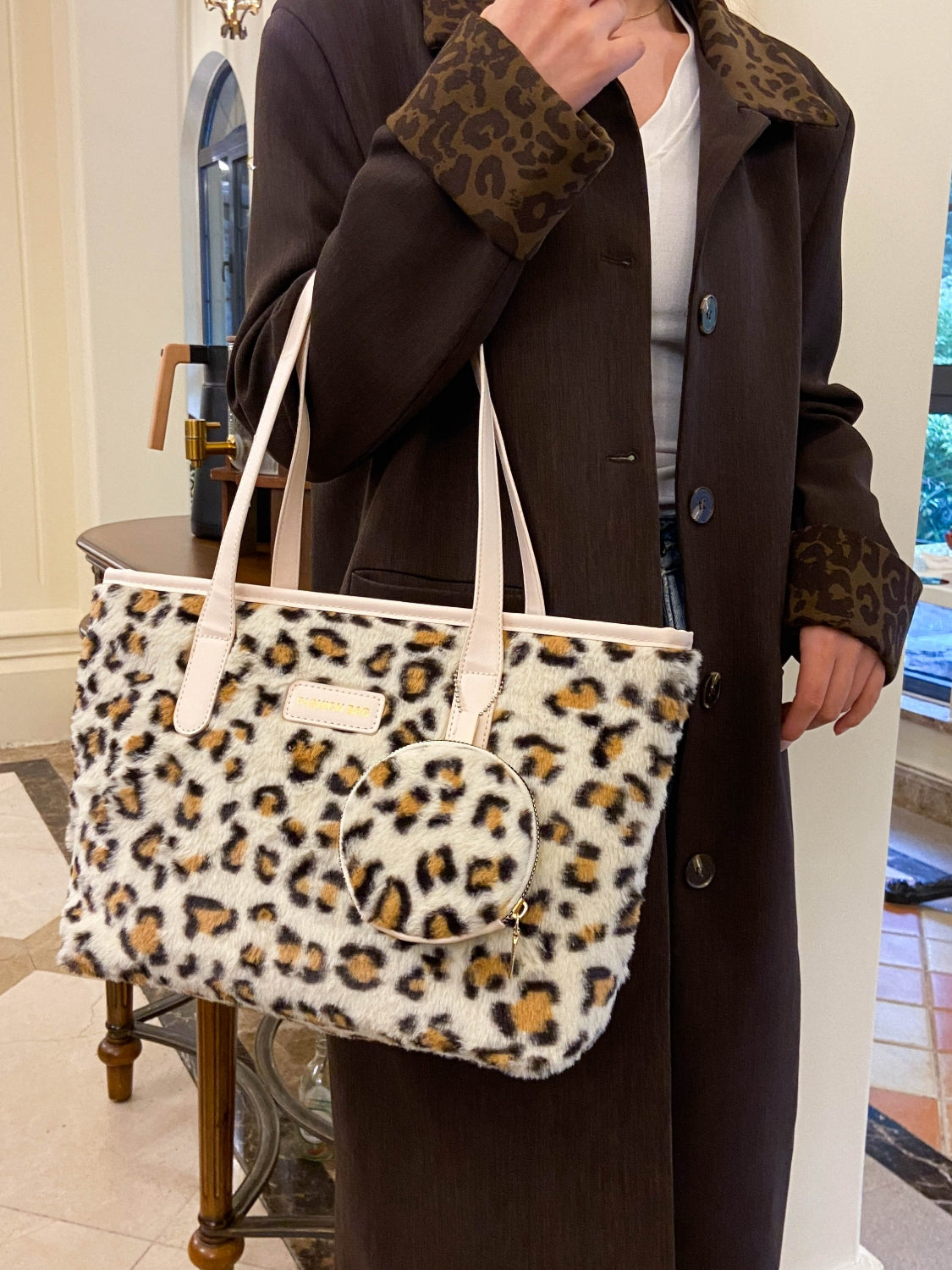 Leopard Faux Fur Tote Bag with Coin Purse